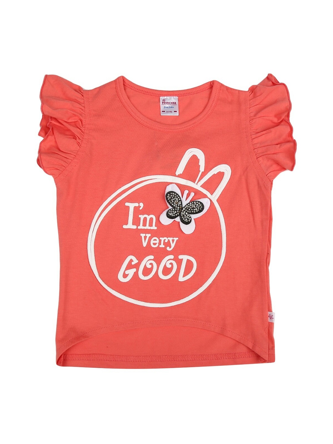 V-Mart Girls Coral Red Typography Printed Flutter Sleeves High-Low Cotton T-shirt