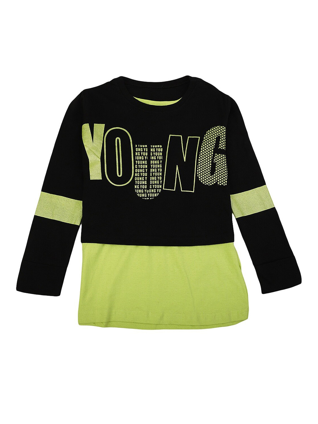 

V-Mart Girls Black & Green Typography Colourblocked Cotton T-shirt