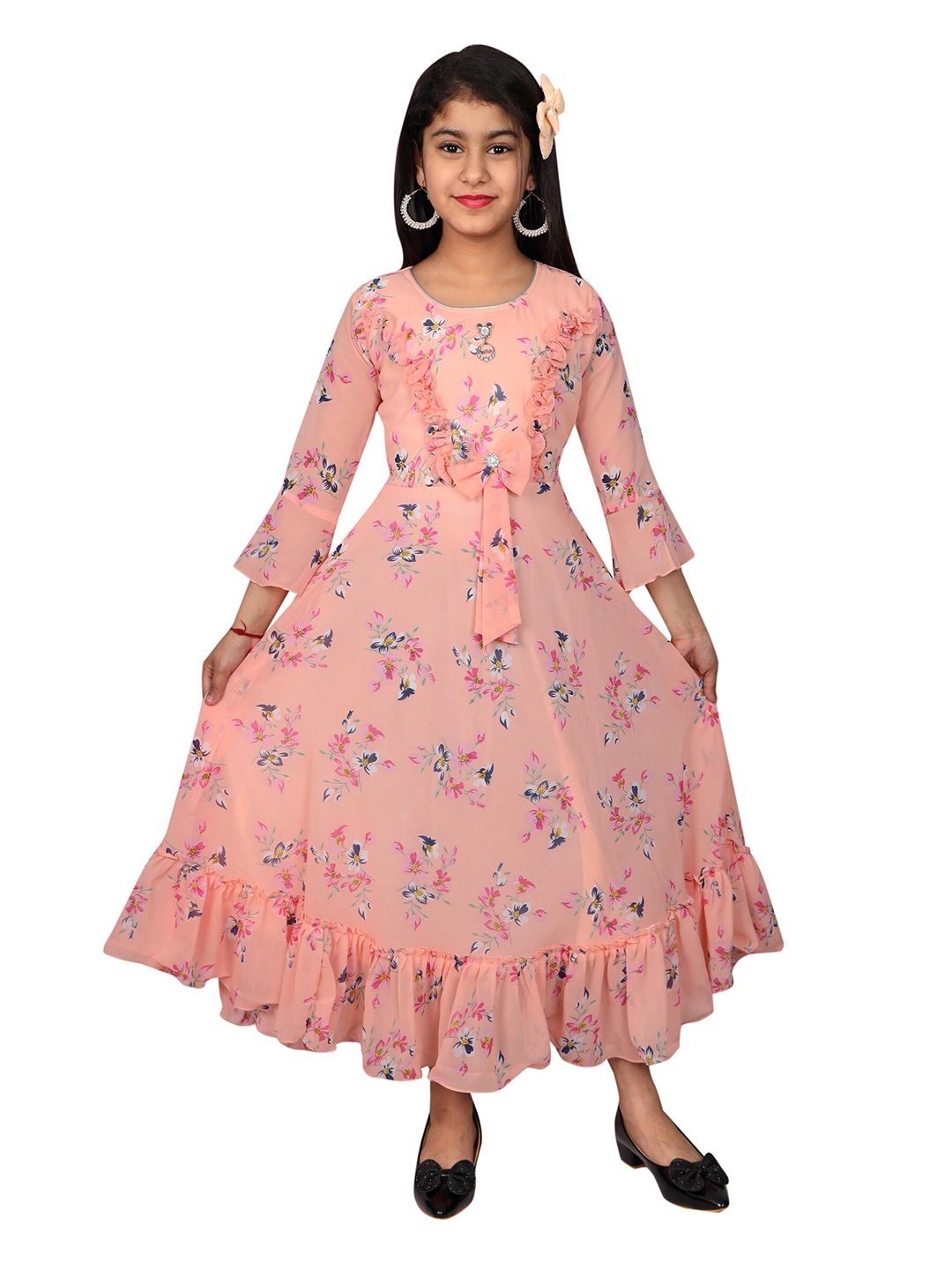 SKY HEIGHTS Girls Peach-Coloured Floral Printed Midi Dress