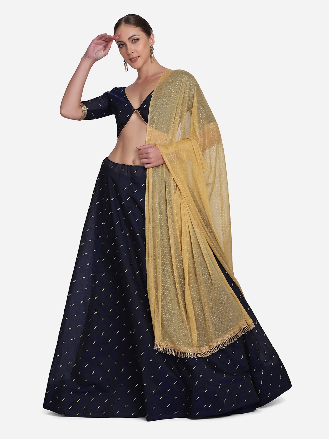 

Warthy Ent Blue & Beige Printed Foil Print Semi-Stitched Lehenga & Unstitched Blouse With Dupatta