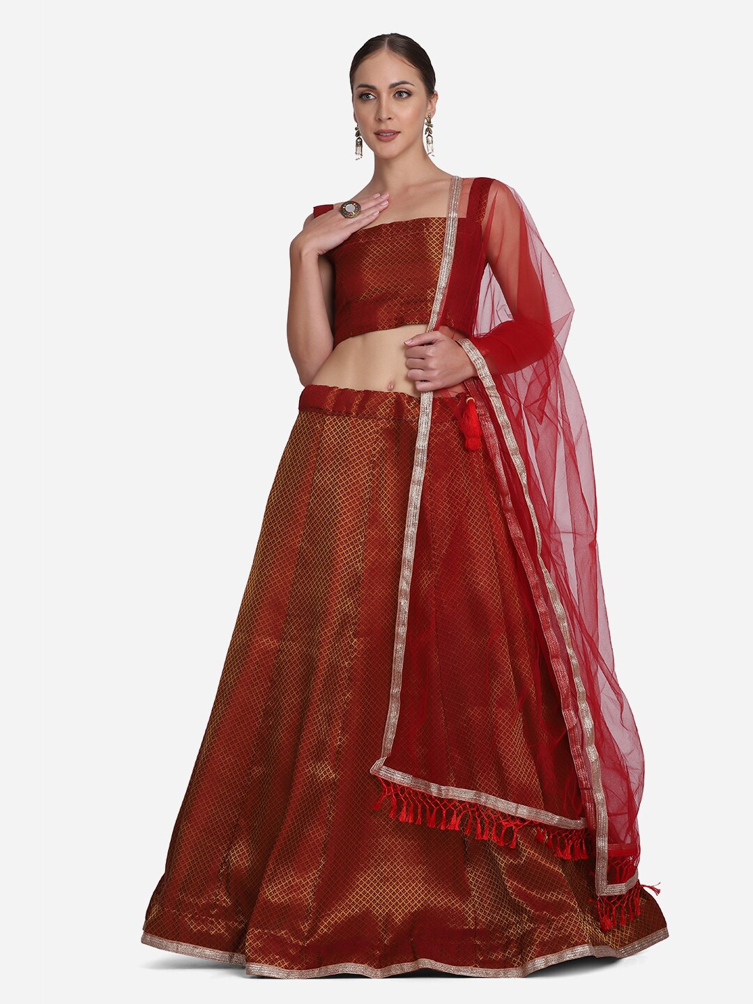

Warthy Ent Maroon & Gold-Toned Semi-Stitched Lehenga & Unstitched Blouse With Dupatta