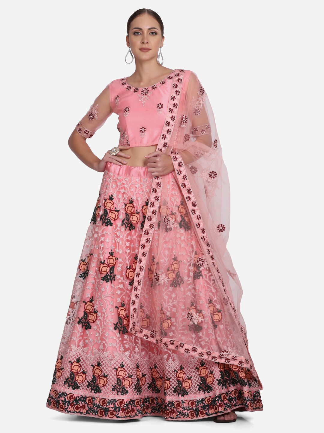 

Warthy Ent Pink & Black Embroidered Thread Work Semi-Stitched Lehenga & Unstitched Blouse With Dupatta