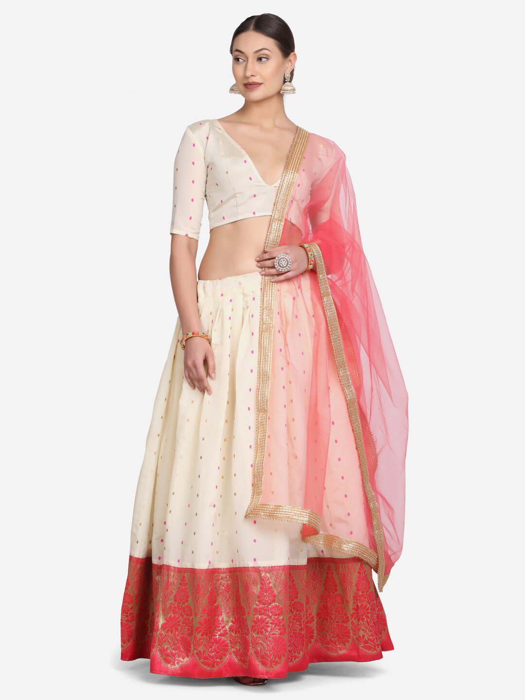 

Warthy Ent Cream-Coloured & Red Semi-Stitched Lehenga & Unstitched Blouse With Dupatta