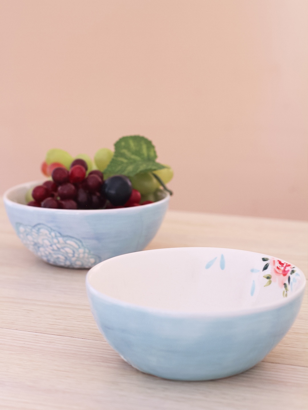 

The Wishing Chair Cream-Coloured & Blue 2 Pieces Floral Printed Stoneware Glossy Bowls