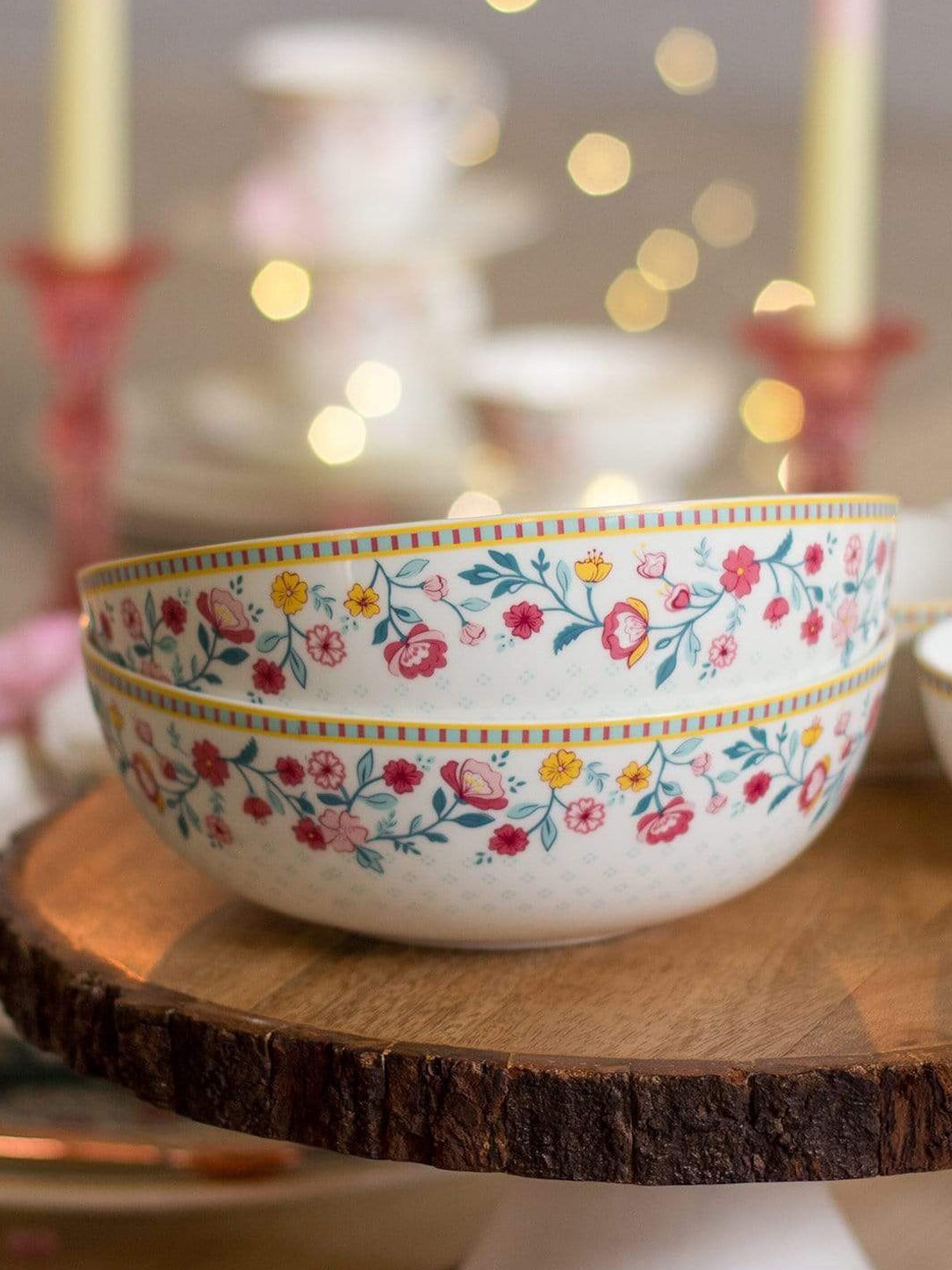 

The Wishing Chair White & Blue 2 Pieces Floral Printed Bone China Glossy Bowls