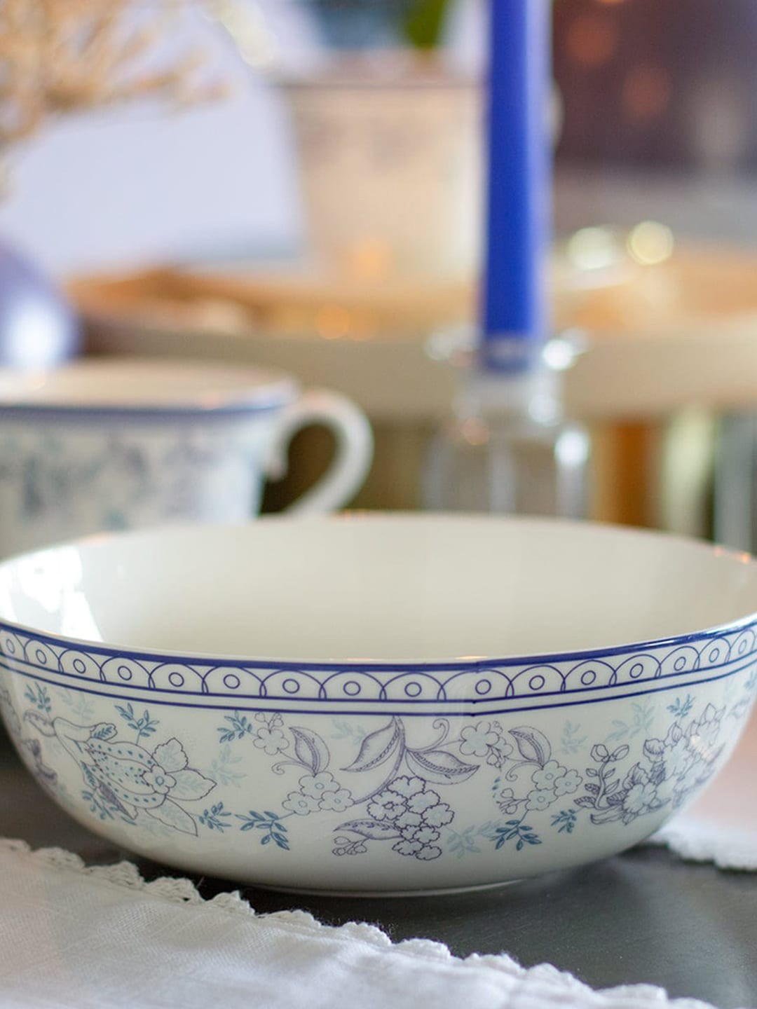 

The Wishing Chair White & Blue 2 Pieces Floral Printed Bone China Glossy Bowls