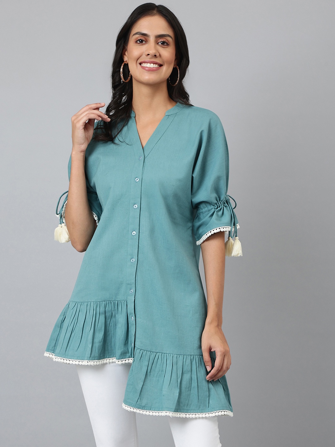 

DEEBACO Sea Green Mandarin Collar Roll-Up Sleeves High Low Tunic