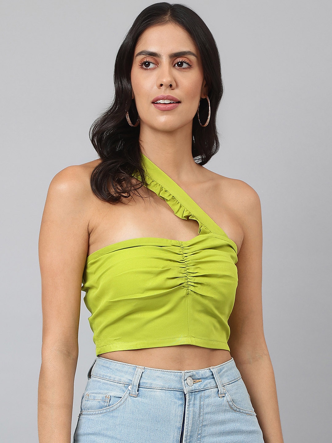 

DEEBACO Women Green Solid One Shoulder Regular Crop Top