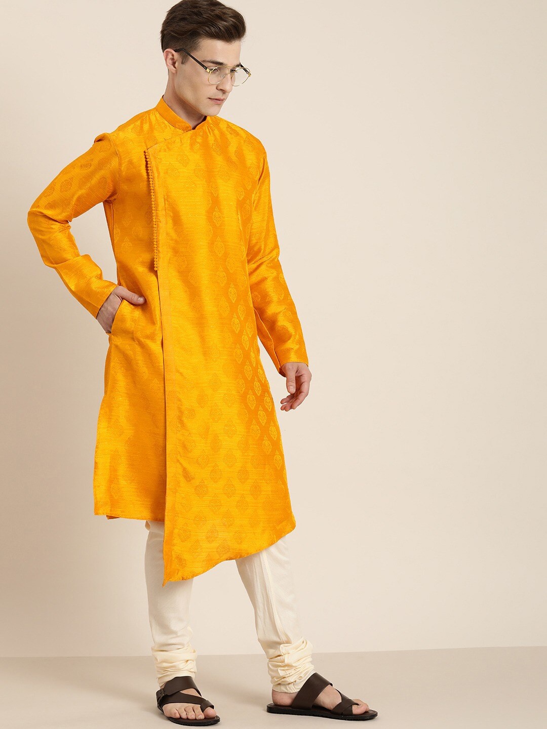 

SHRESTHA BY VASTRAMAY Men Mustard Yellow Angrakha Kurta with Pyjamas