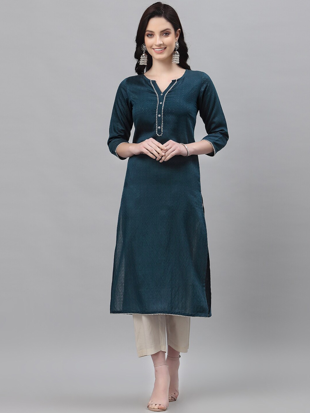 

SANISA Women Teal Green Gotta Patti Woven Design Cotton Kurta