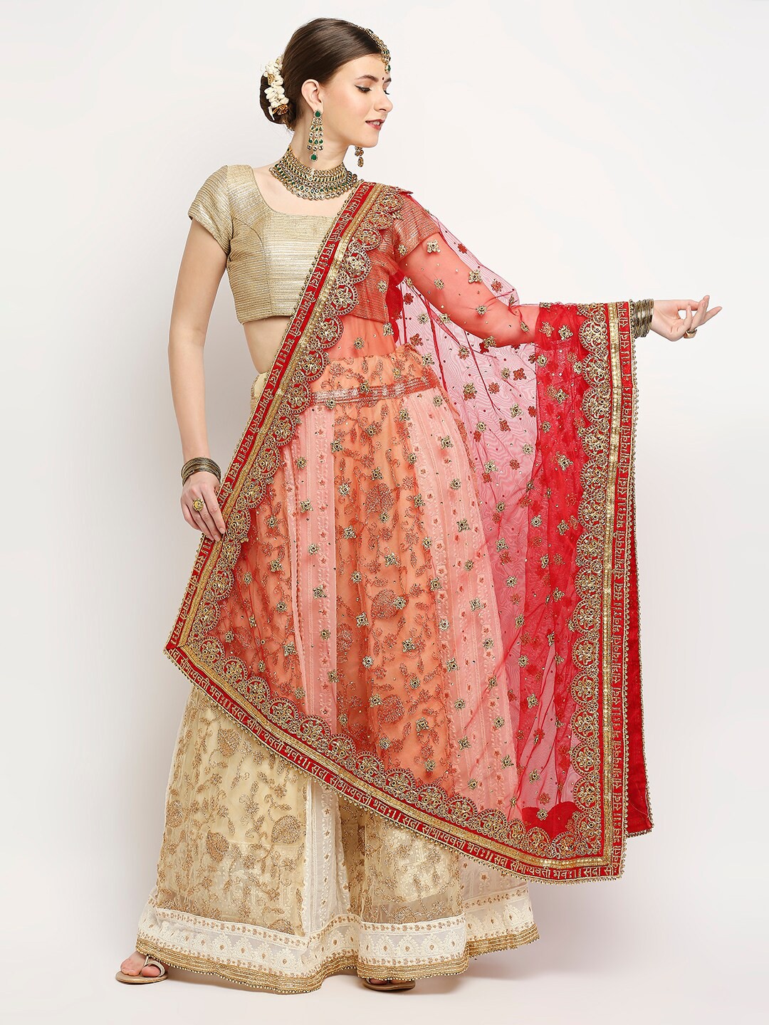 

Dupatta Bazaar Red Ethnic Motifs Embroidered Dupatta with Zari