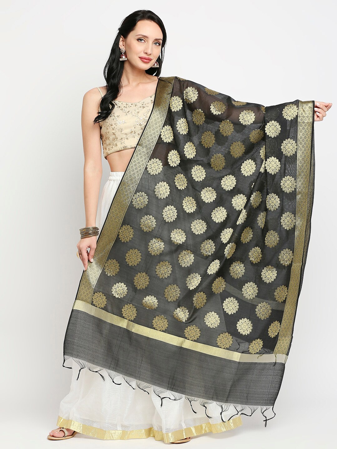 

Dupatta Bazaar Black & Gold-Toned Ethnic Motifs Woven Design Dupatta