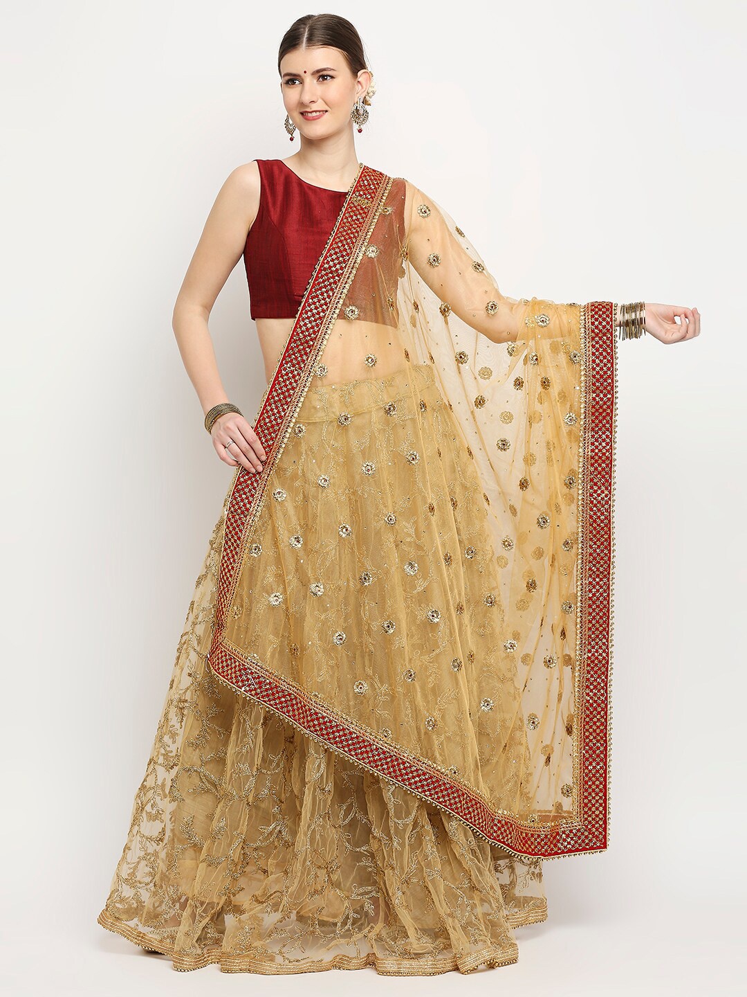 

Dupatta Bazaar Gold-Toned & Red Ethnic Motifs Embroidered Dupatta