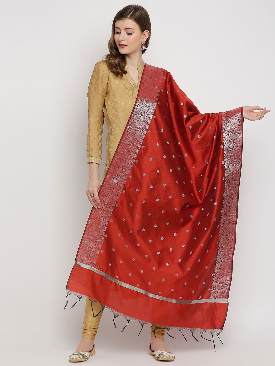 

Dupatta Bazaar Red & Silver-Toned Ethnic Motifs Woven Design Dupatta