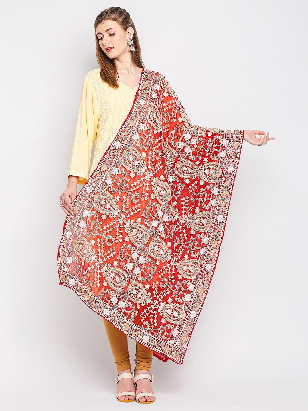 

Dupatta Bazaar Red & Golden Ethnic Motifs Embroidered Dupatta