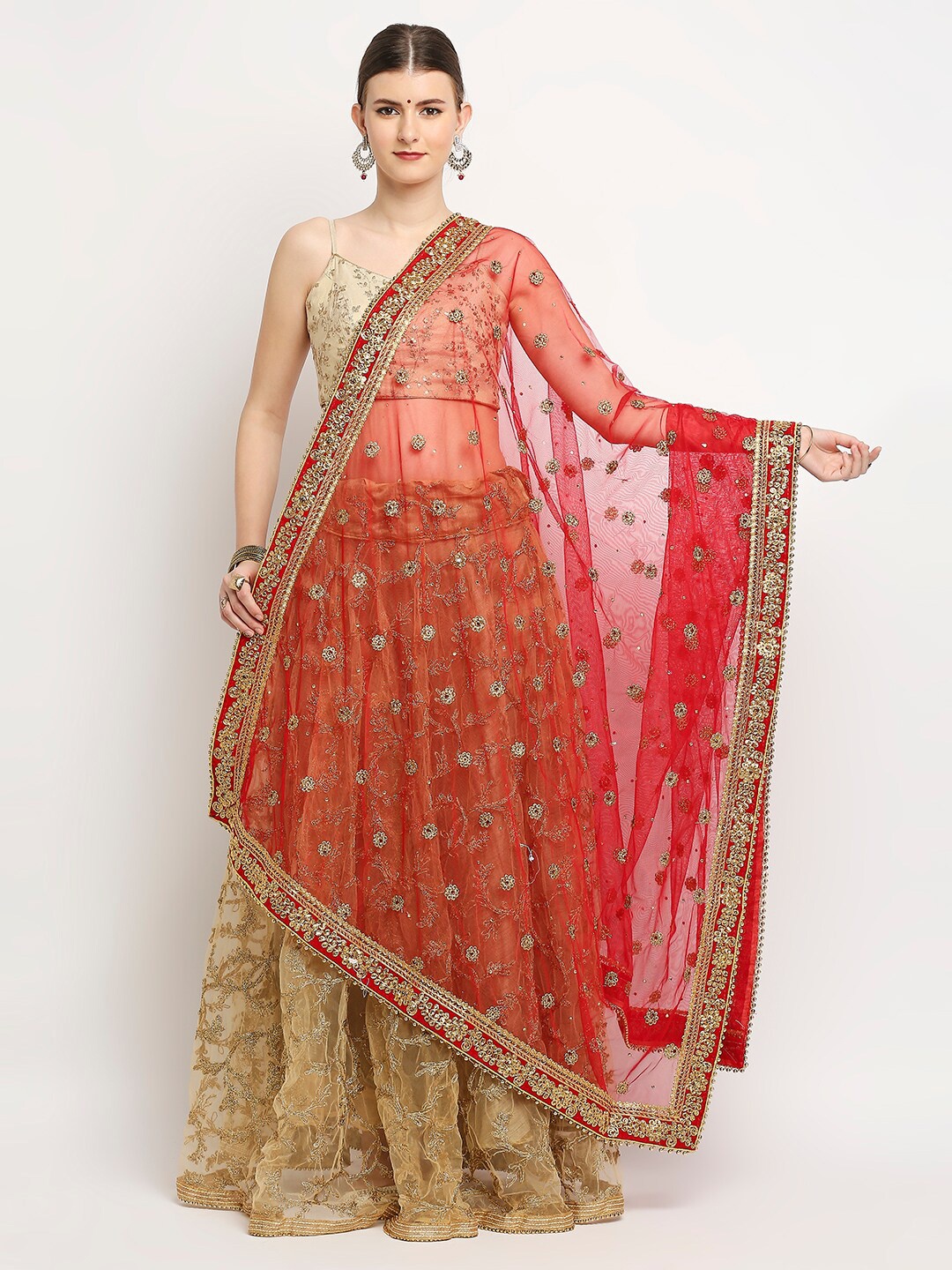 

Dupatta Bazaar Women Red & Gold-Toned Embroidered Net Dupatta