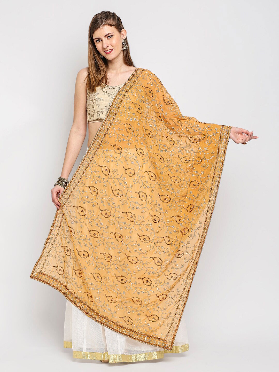 

Dupatta Bazaar Gold-Toned & Brown Paisley Embroidered Dupatta