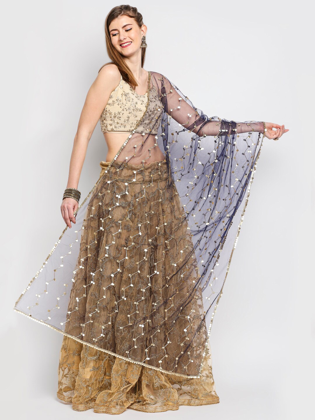 

Dupatta Bazaar Navy Blue & Gold-Toned Ethnic Motifs Embellished Dupatta with Sequinned