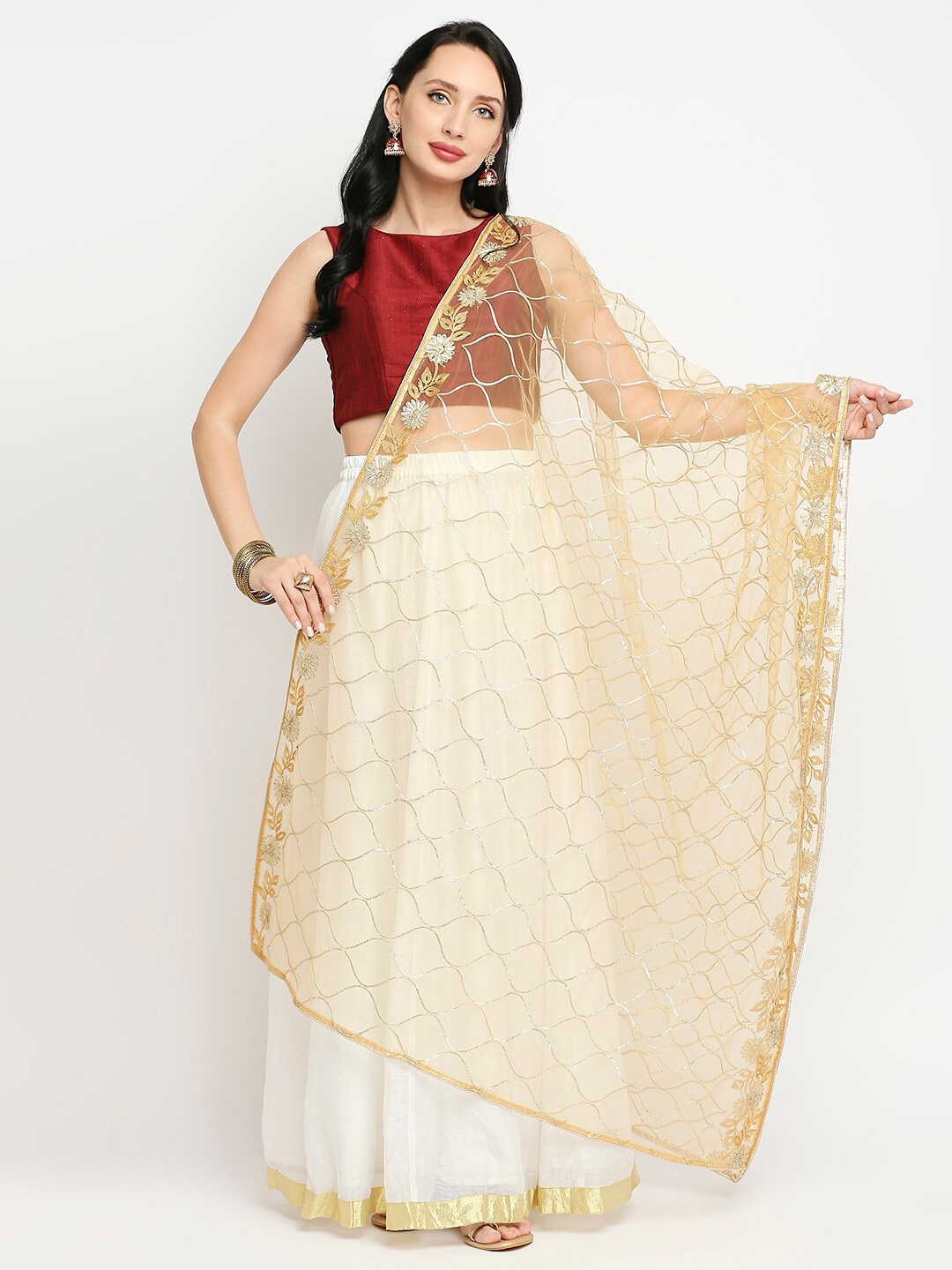 

Dupatta Bazaar Gold-Toned & Silver-Toned Ethnic Motifs Embroidered Dupatta