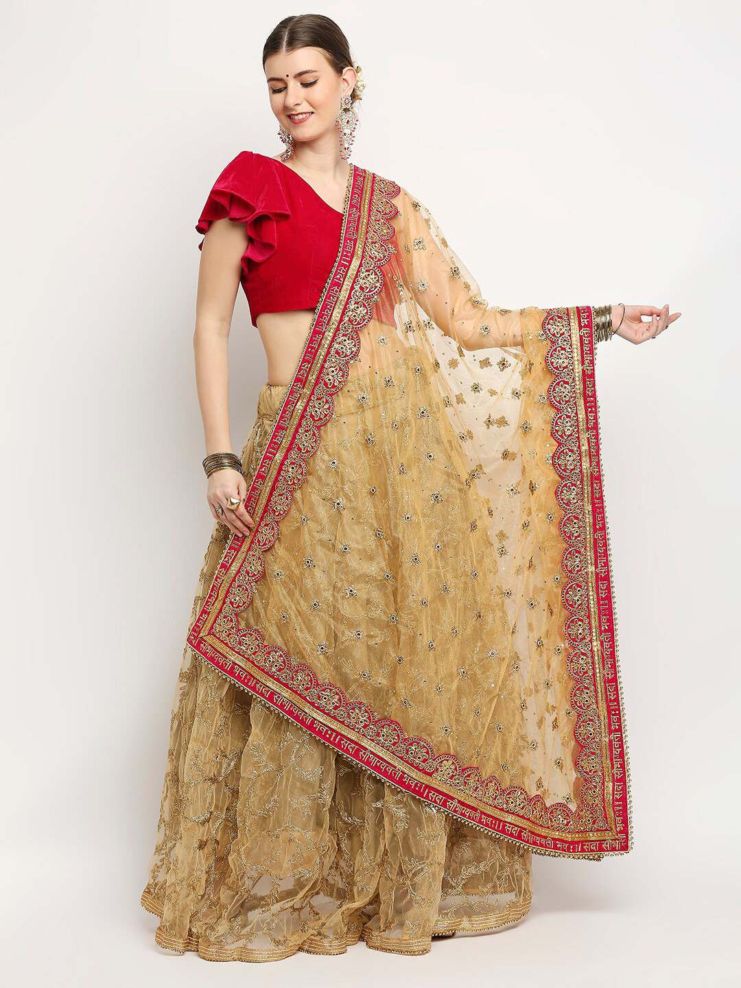 

Dupatta Bazaar Gold-Toned & Pink Ethnic Motifs Embroidered Dupatta