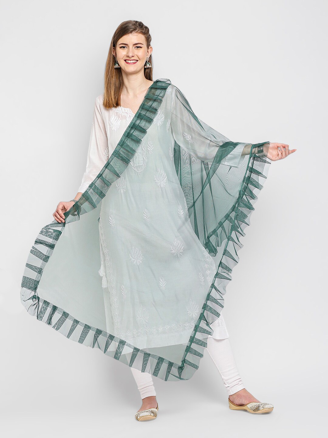 

Dupatta Bazaar Women Green Ruffle Net Dupatta