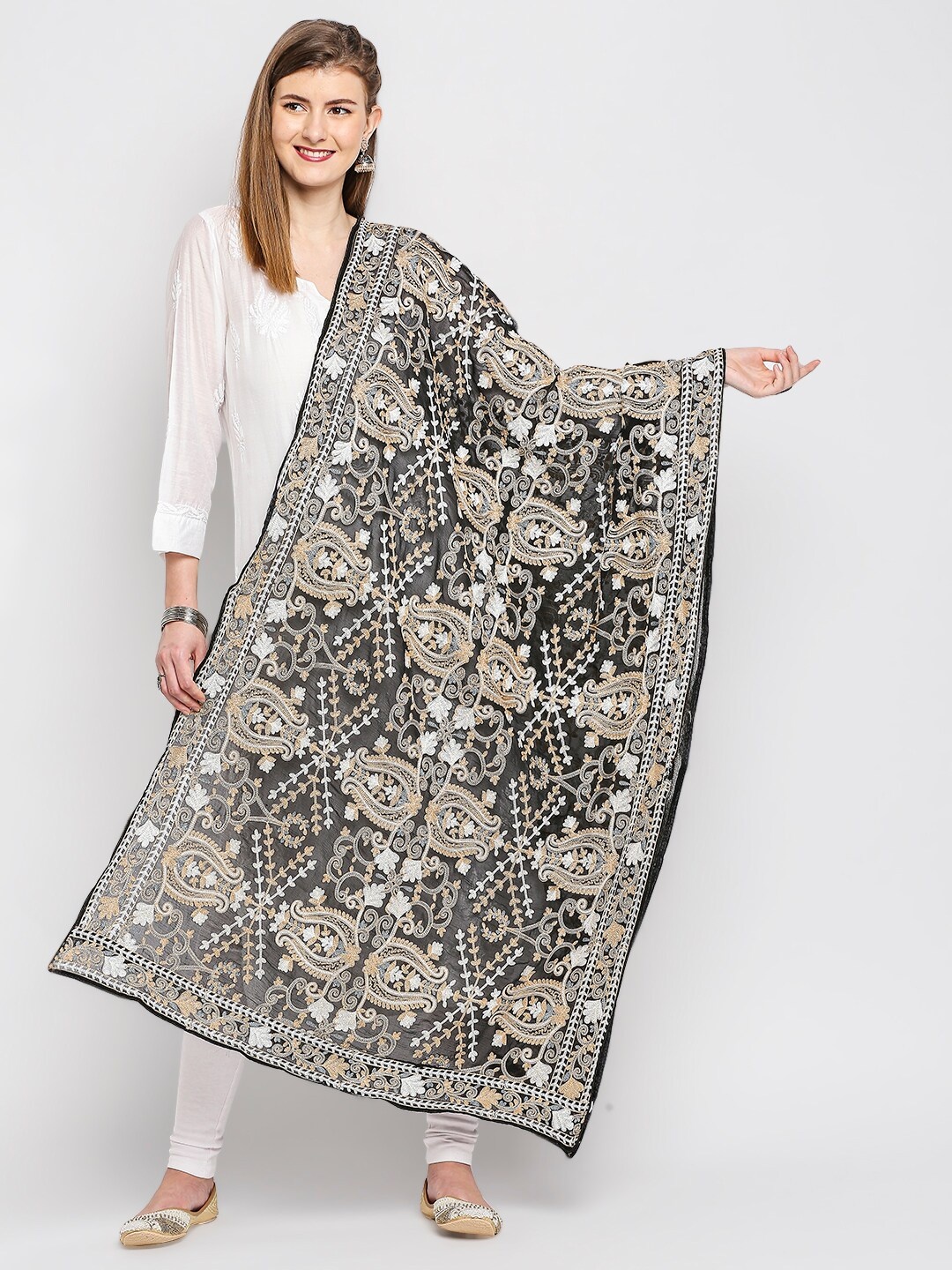 

Dupatta Bazaar Black Paisley Embroidered Dupatta