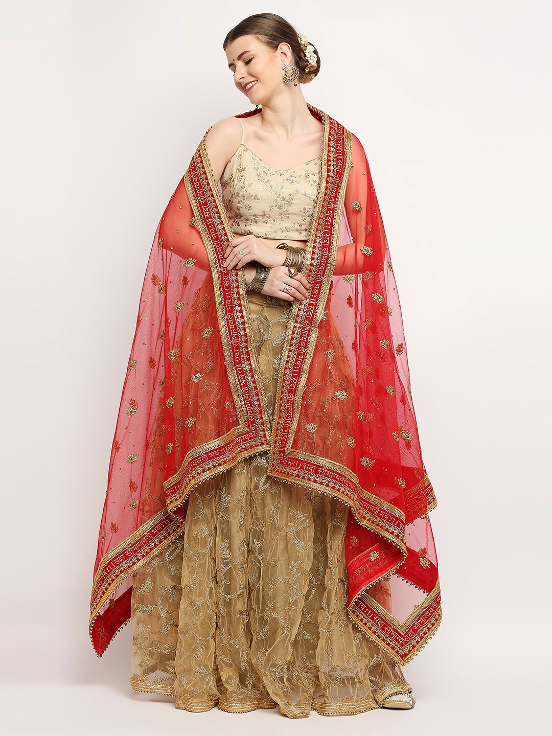 

Dupatta Bazaar Red & Gold-Toned Ethnic Motifs Embroidered Dupatta with Beads and Stones