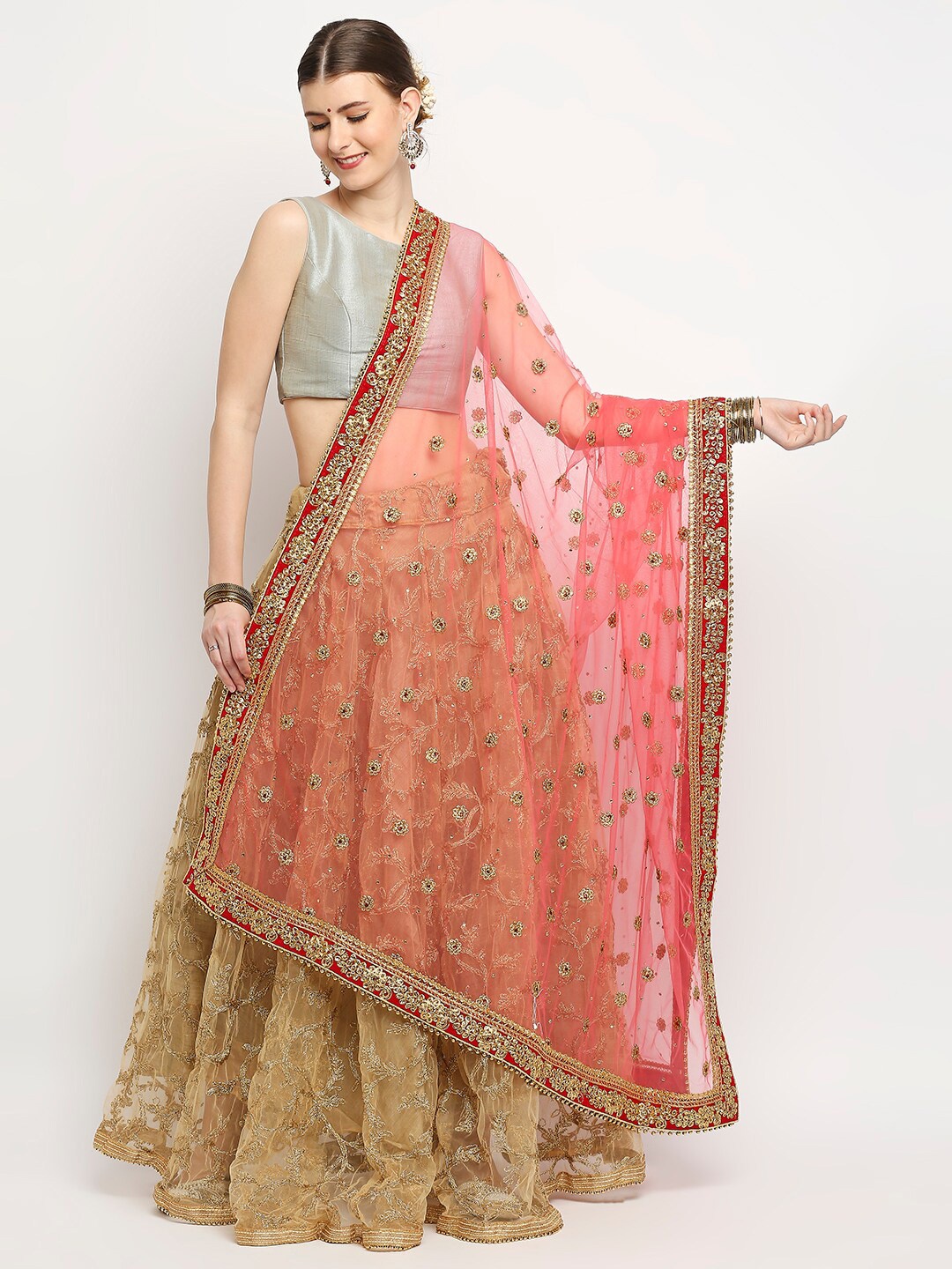 

Dupatta Bazaar Coral & Red Ethnic Motifs Embroidered Dupatta with Zardozi