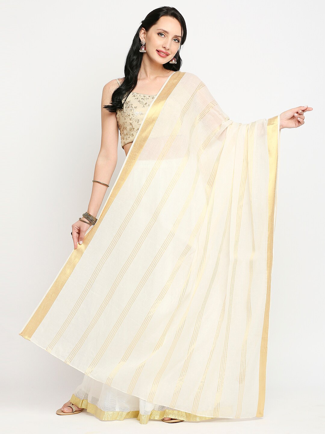 

Dupatta Bazaar Cream-Coloured & Gold-Toned Striped Pure Cotton Dupatta with Zari