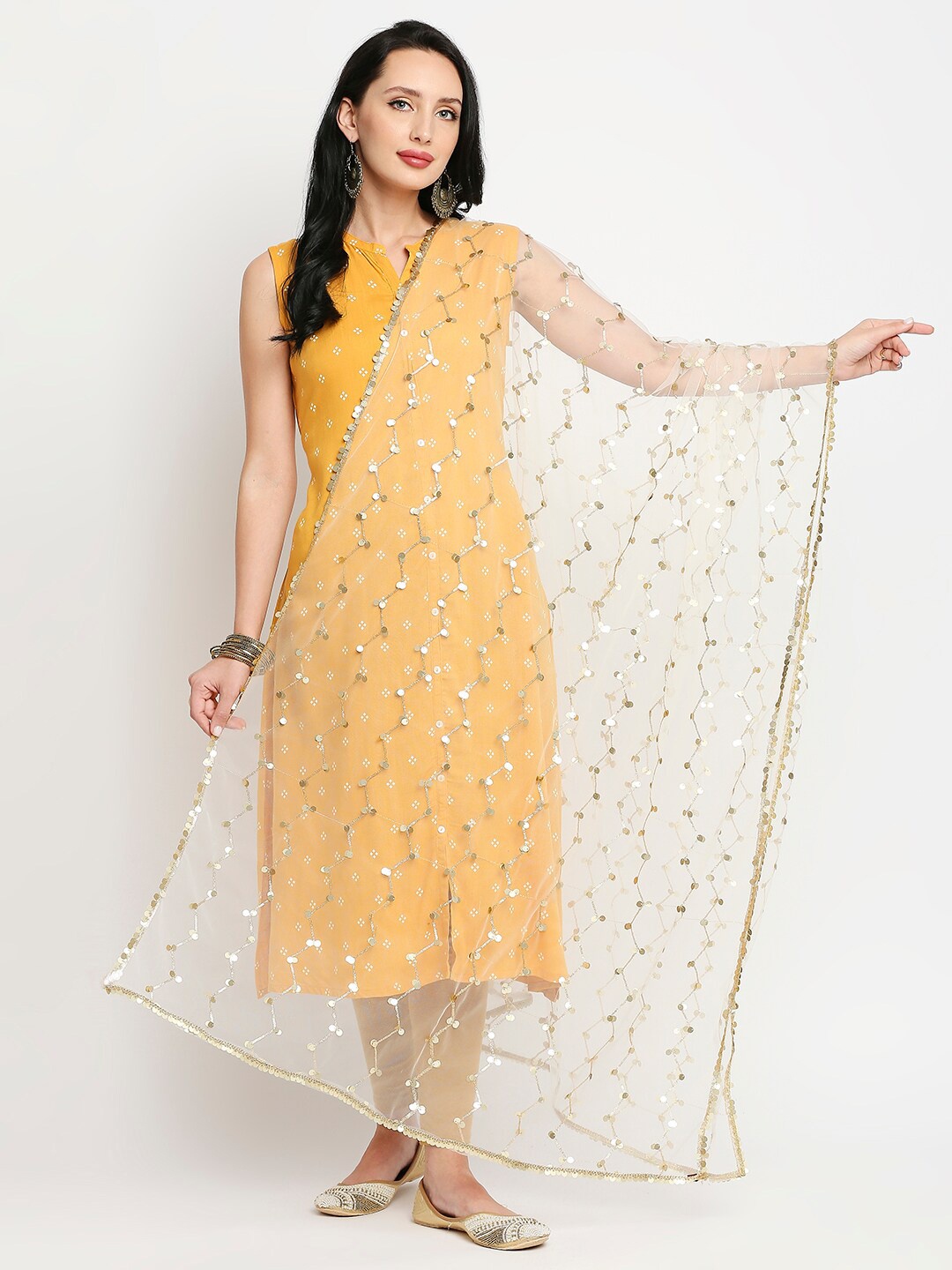 

Dupatta Bazaar Off White & Gold-Toned Embroidered Dupatta