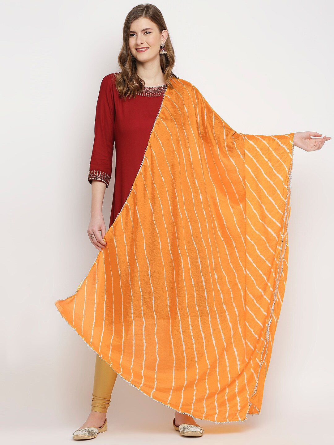 

Dupatta Bazaar Yellow Striped Leheriya Dupatta