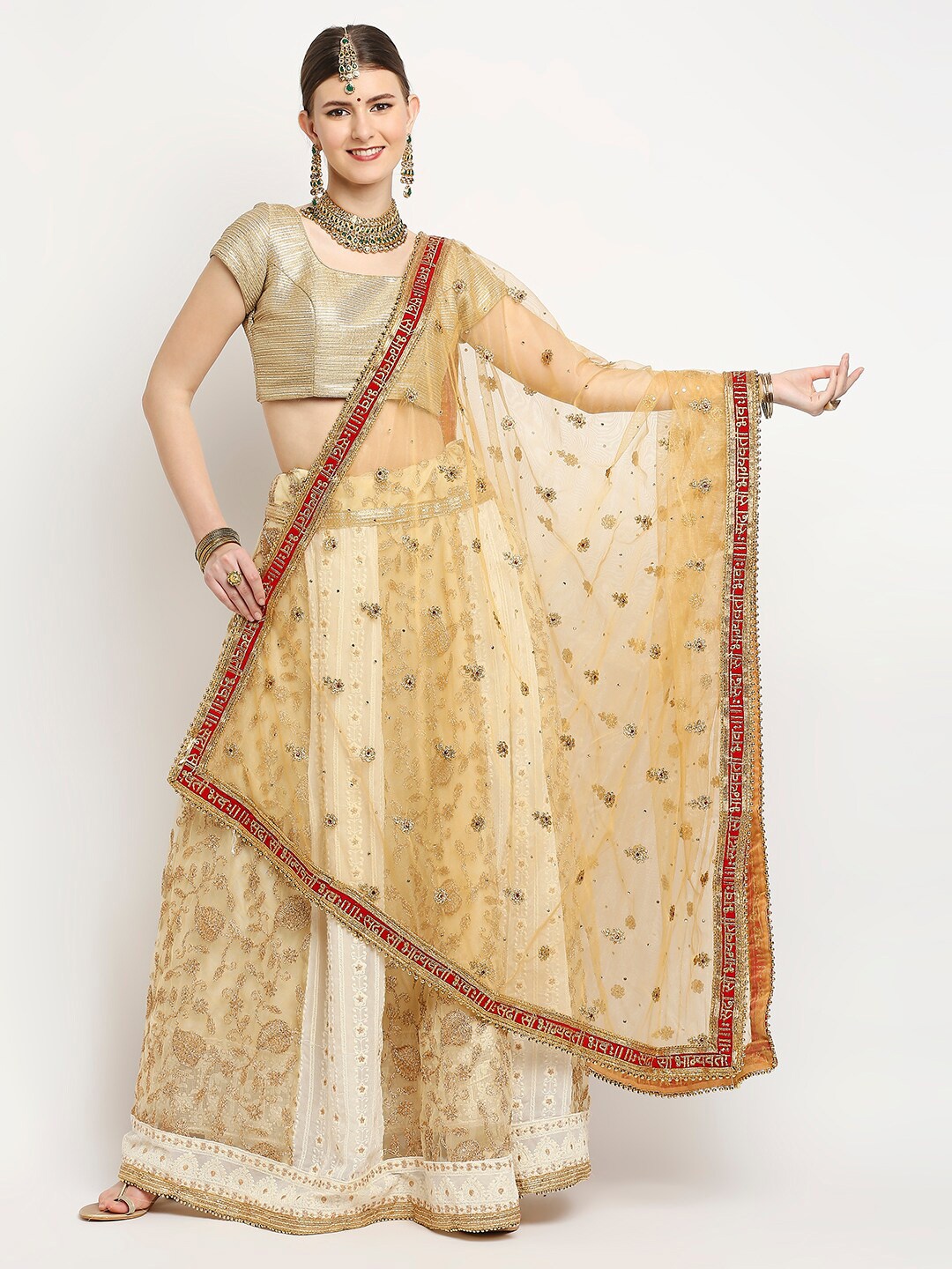 

Dupatta Bazaar Gold-Toned & Red Ethnic Motifs Embroidered Dupatta with Zardozi