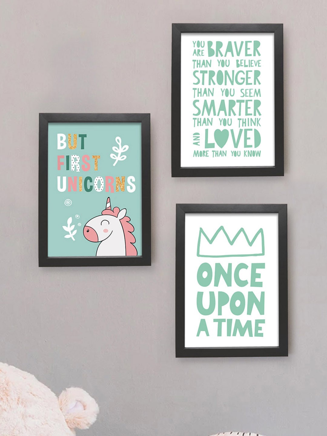 TIED RIBBONS Set Of 3 Unicorn Framed Wall Art Paintings, White