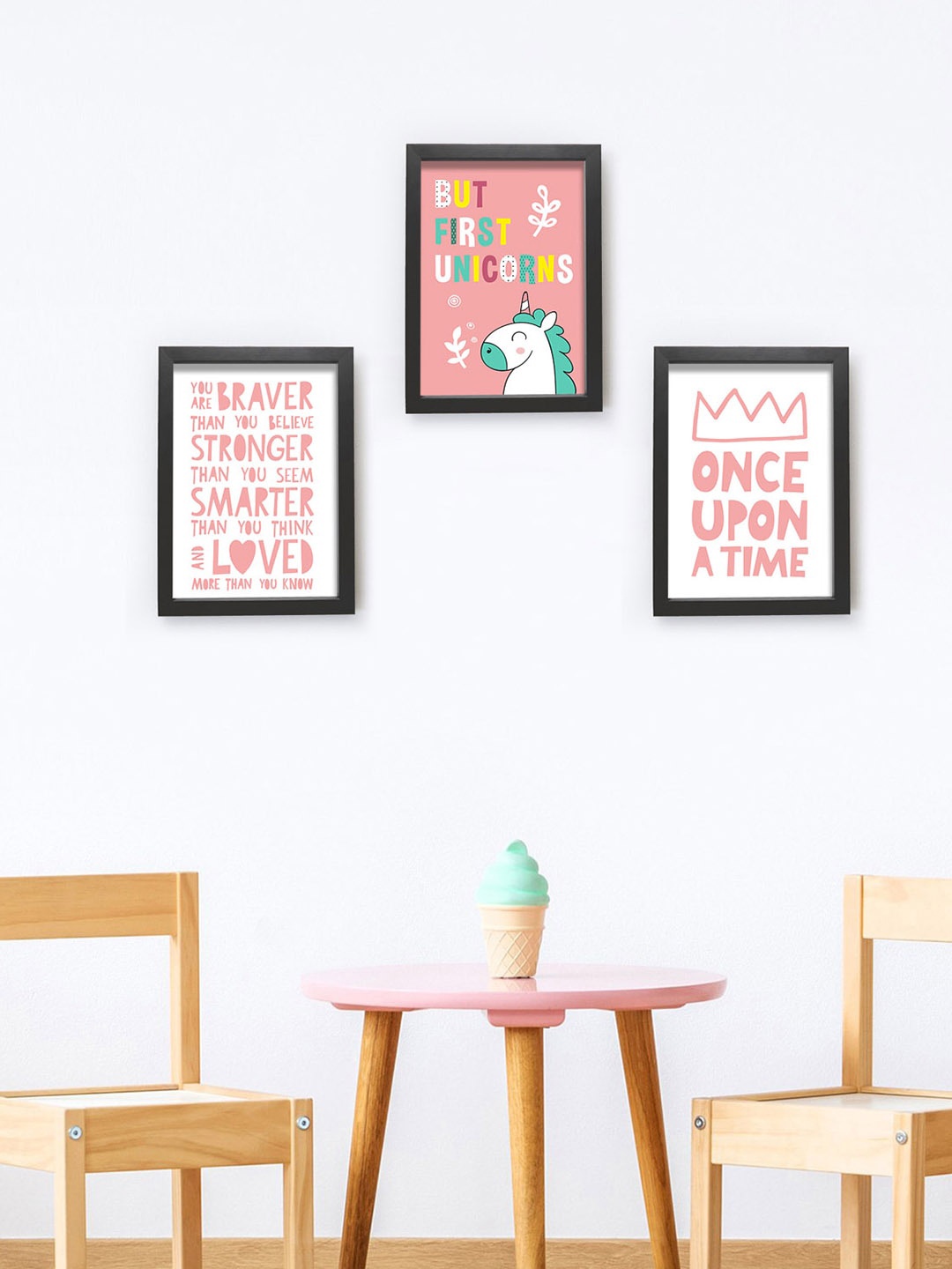 TIED RIBBONS Set of 3 White & Pink Unicorn Printed Poster Framed Wall Art