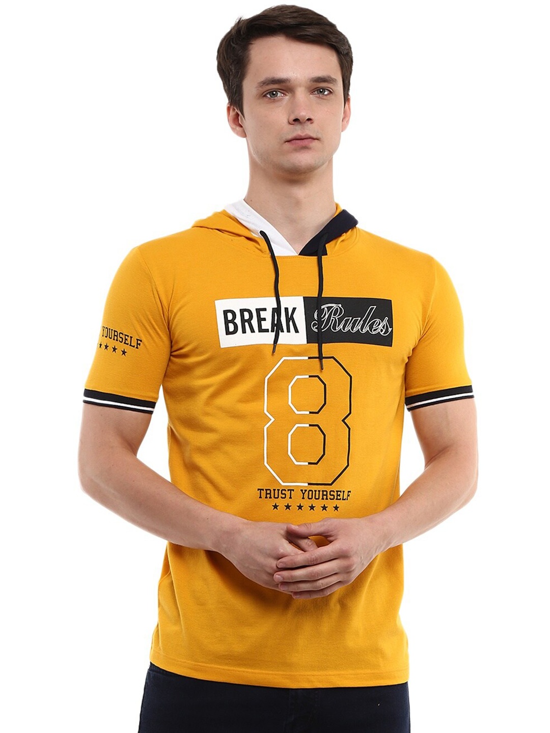 V-Mart Men Mustard Yellow Typography Printed Hooded Slim Fit T-shirt