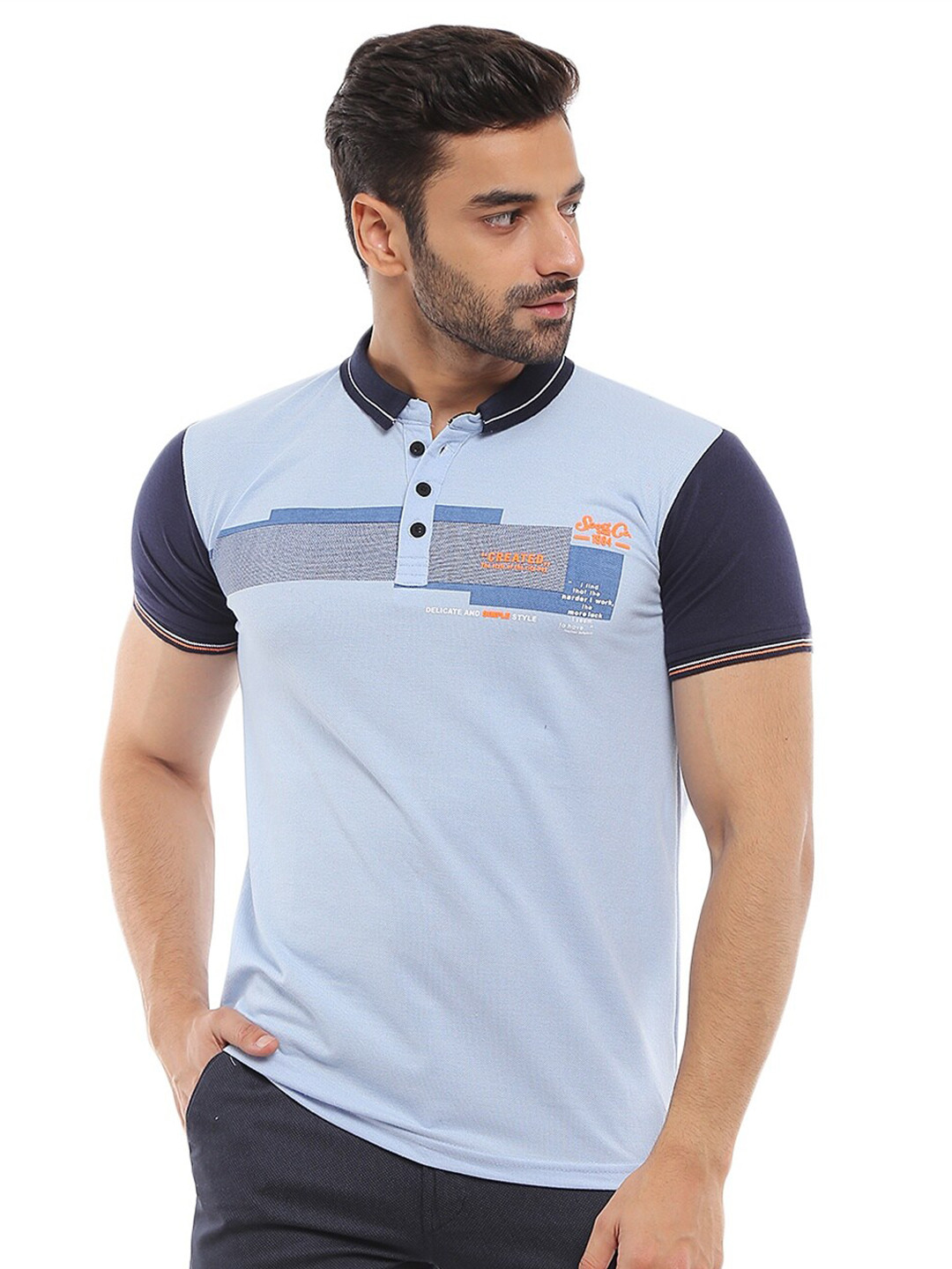 

V-Mart Men Blue Colourblocked Printed Polo Collar Cotton Slim Fit T-shirt