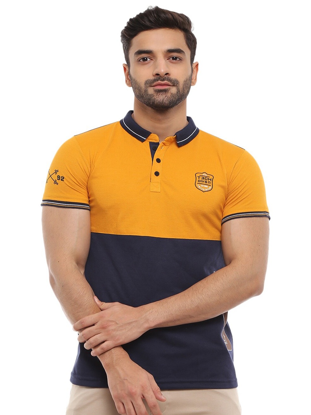 

V-Mart Men Mustard Yellow Colourblocked Polo Collar Slim Fit T-shirt