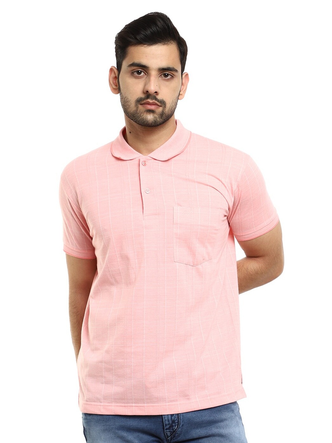 

V-Mart Men Pink Checked Polo Collar T-shirt