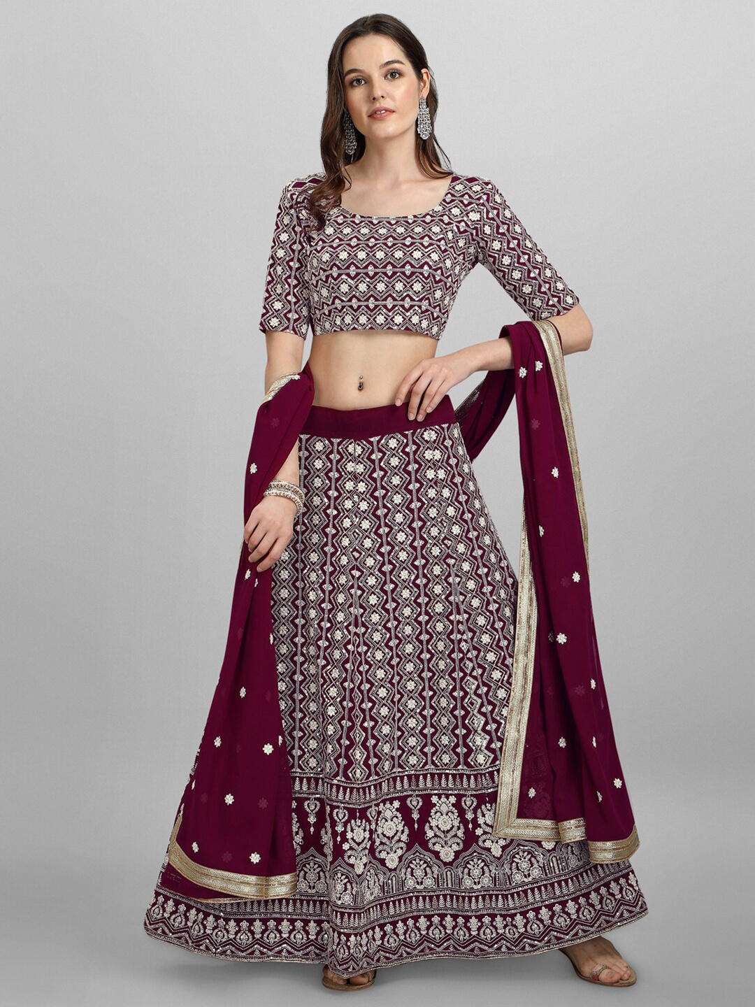 

JATRIQQ Burgundy Embroidered Semi-Stitched Lehenga & Unstitched Blouse & Dupatta