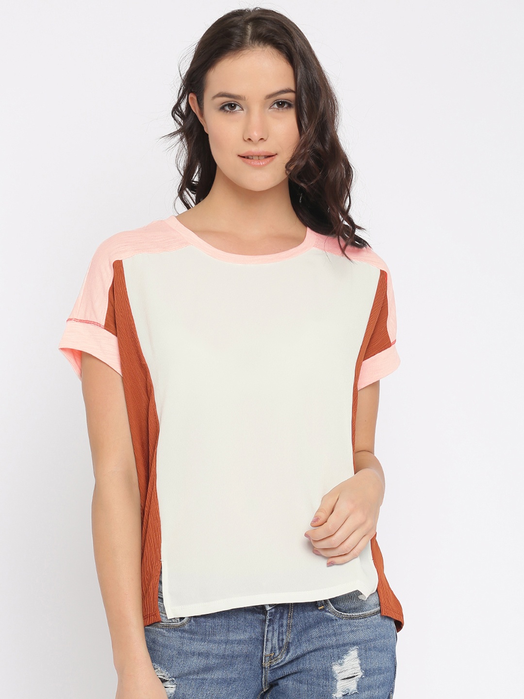 

Vero Moda Women White & Brown Colourblock Boxy Top