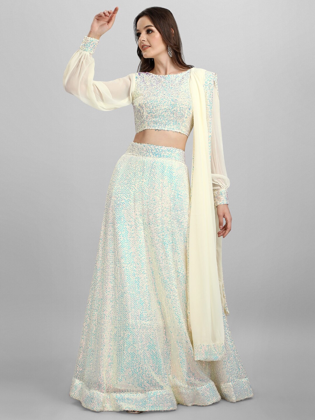 

JATRIQQ Off White & Blue Embroidered Sequinned Semi-Stitched Lehenga & Unstitched Blouse With Dupatta