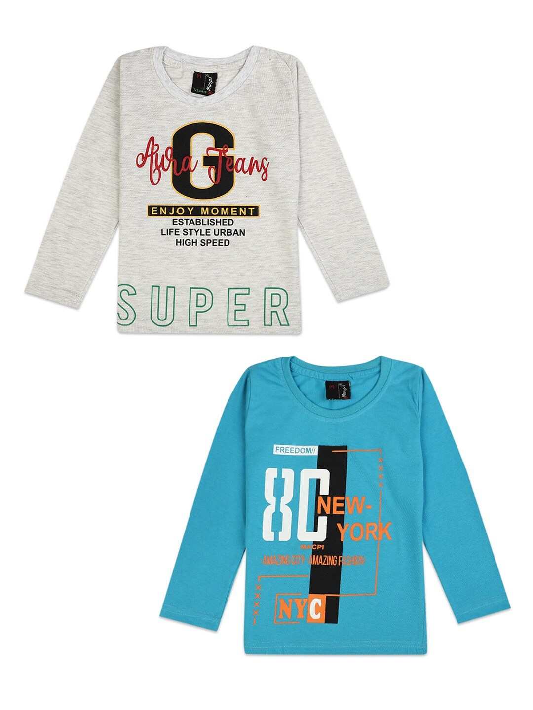 

V-Mart Boys Pack of 2 Turquoise Blue & Grey Printed Cotton T-shirts