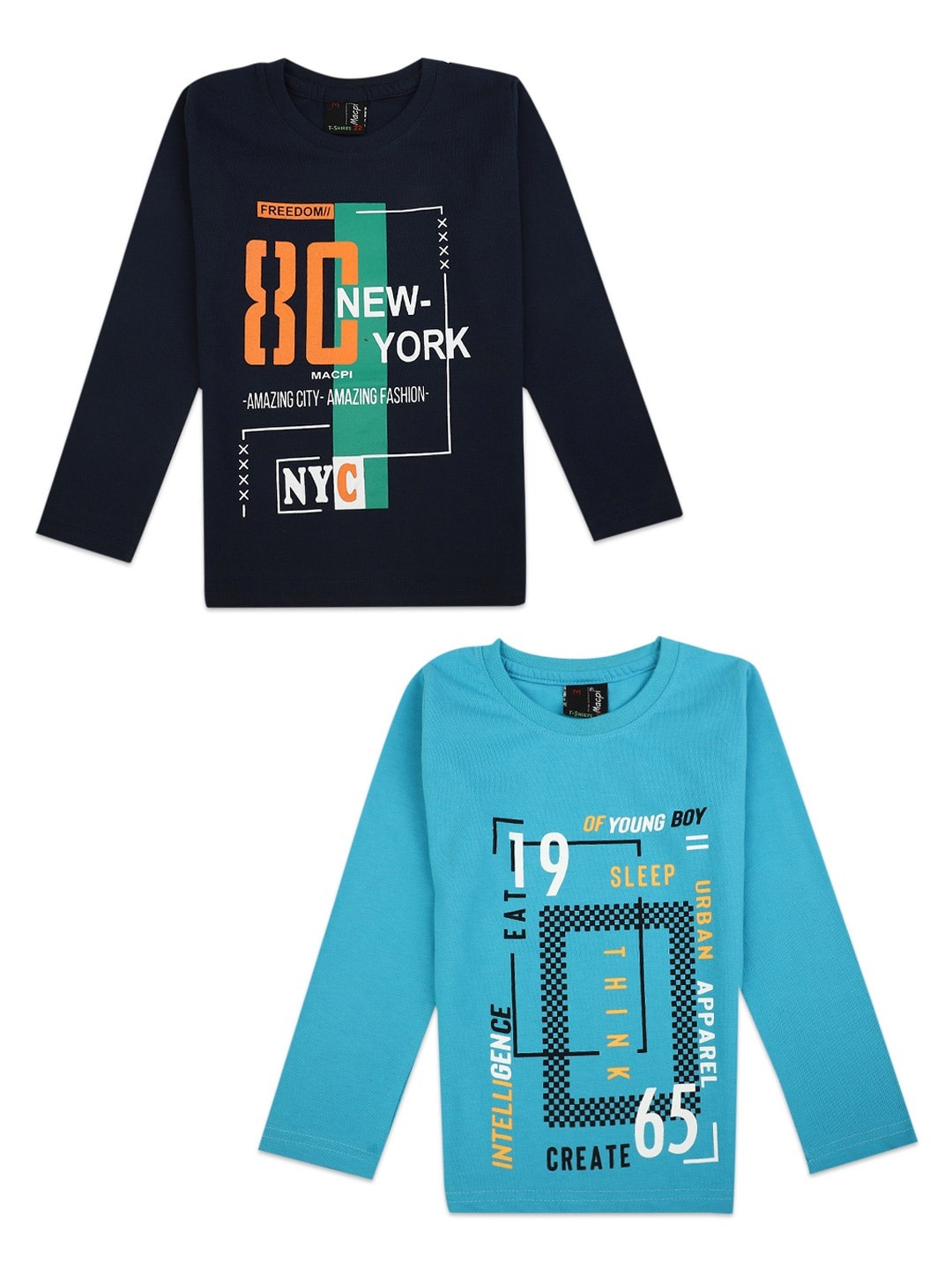 

V-Mart Boys Pack Of 2 Turquoise Blue & Navy Blue Printed T-shirts