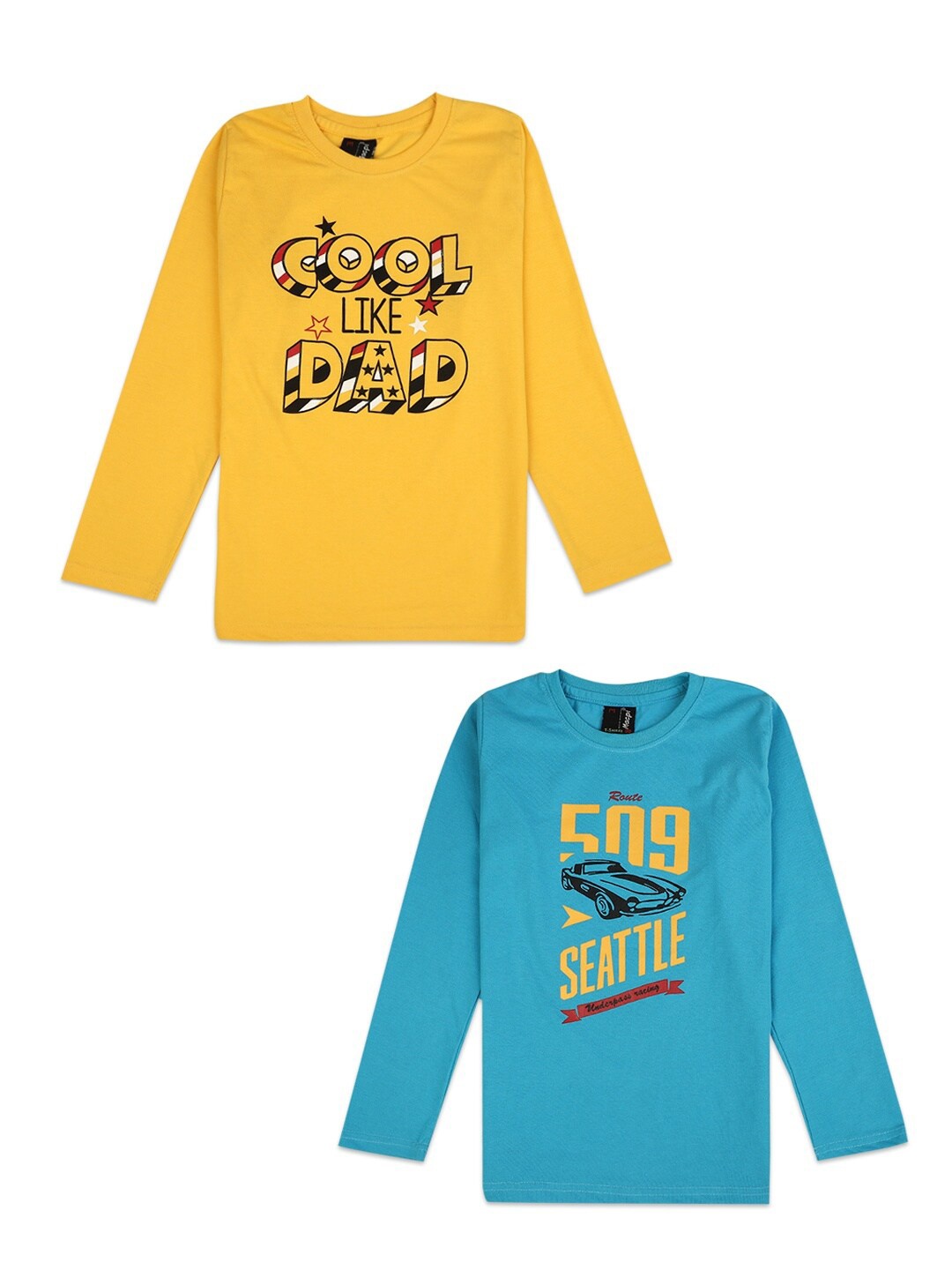 

V-Mart Boys Pack of 2 Turquoise Blue & Yellow Typography Printed Cotton T-shirt