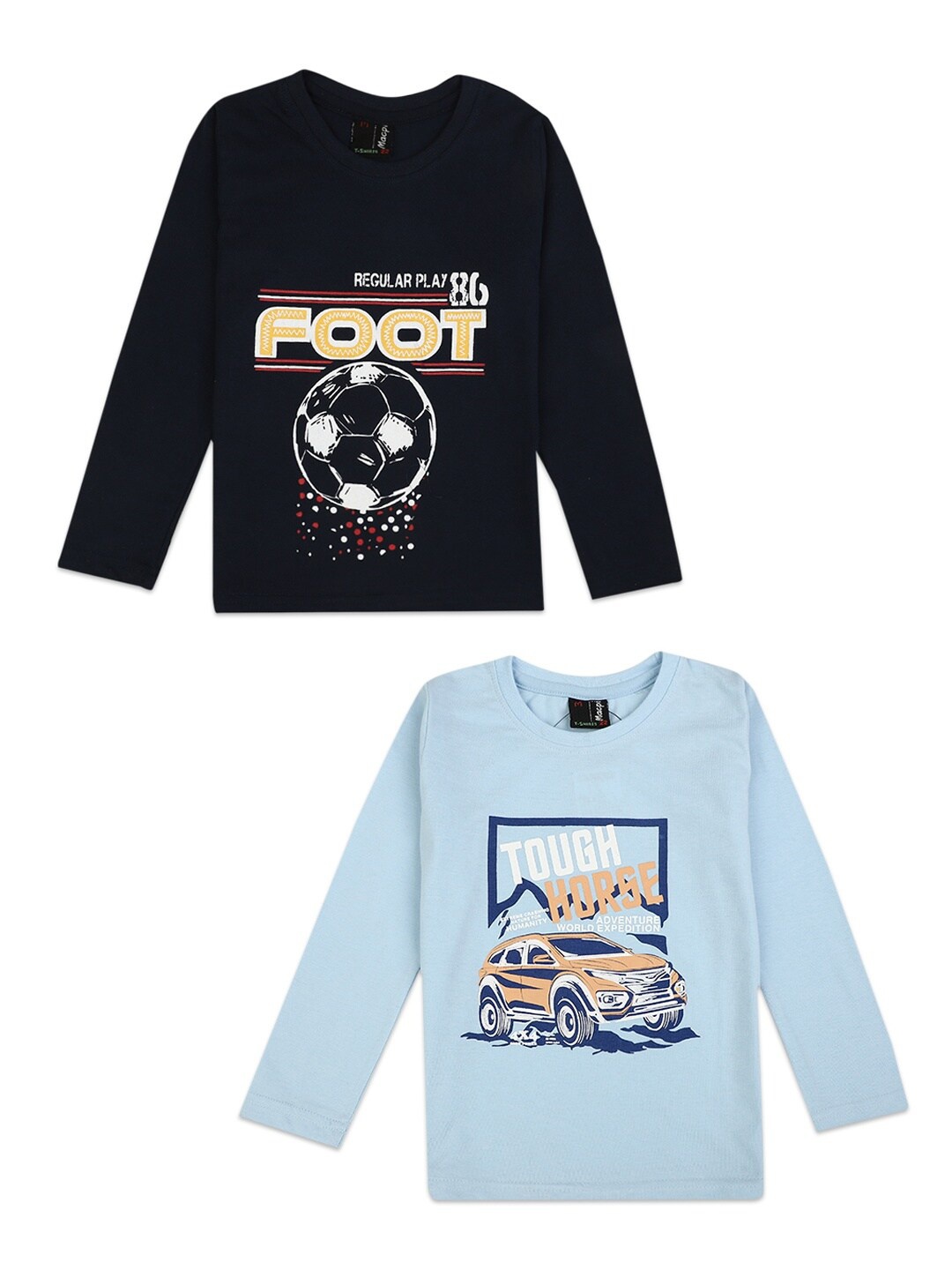 

V-Mart Boys Pack of 2 Navy Blue & Blue Printed Cotton T-shirts