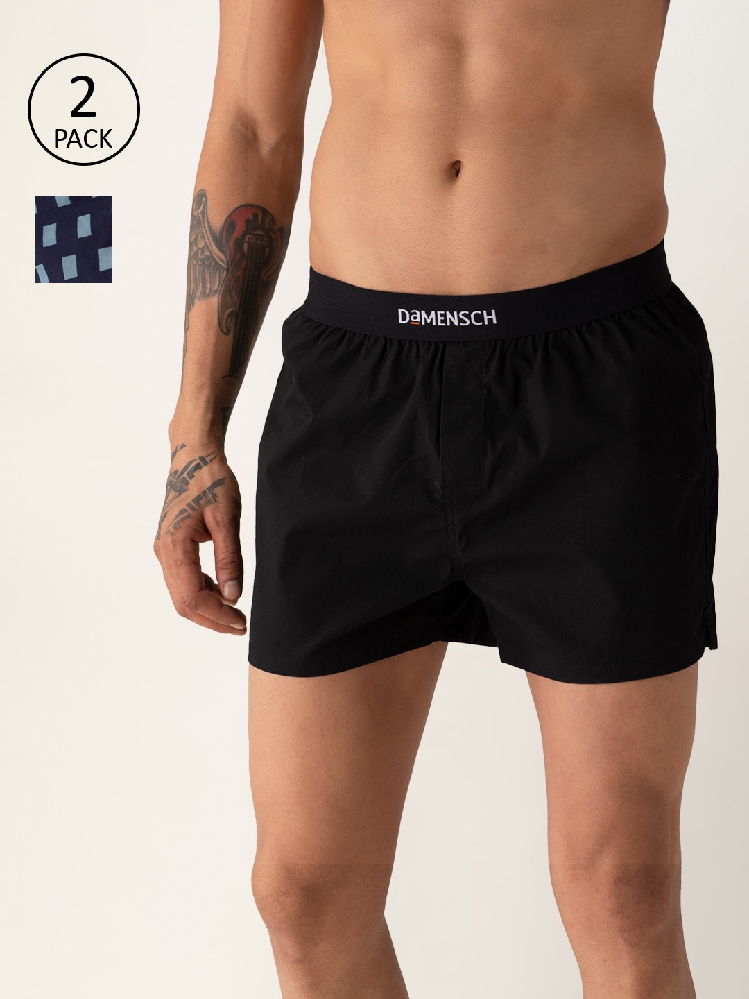 

DAMENSCH Men Pack of 2 Assorted Ultra-Light Cotton Regular Fit Inner Boxer, Black