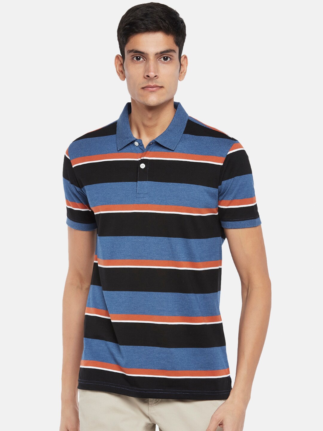 

BYFORD by Pantaloons Men Blue Striped Polo Collar Slim Fit T-shirt