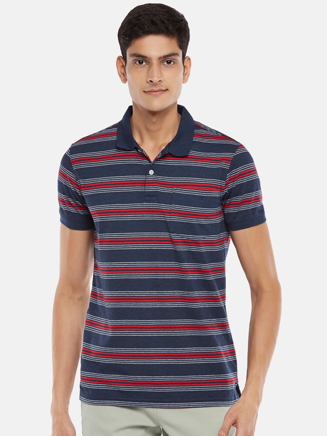 

BYFORD by Pantaloons Men Navy Blue Striped Polo Collar Slim Fit Cotton T-shirt