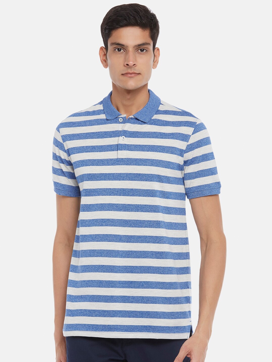 

BYFORD by Pantaloons Men Blue & White Striped Polo Collar Slim Fit T-shirt