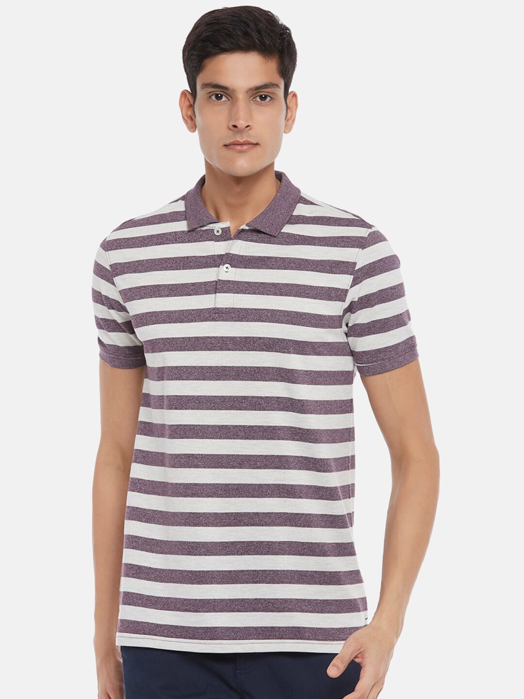 

BYFORD by Pantaloons Men Maroon Striped Polo Collar Slim Fit T-shirt